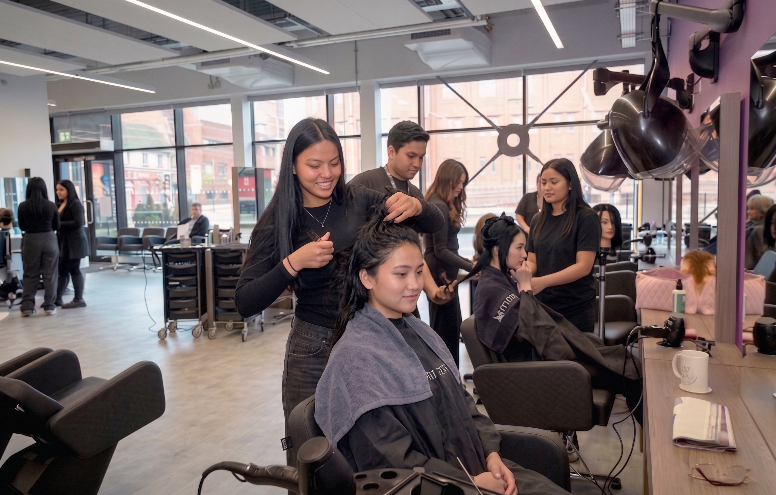 Hair stylists working with clients in a bright salon