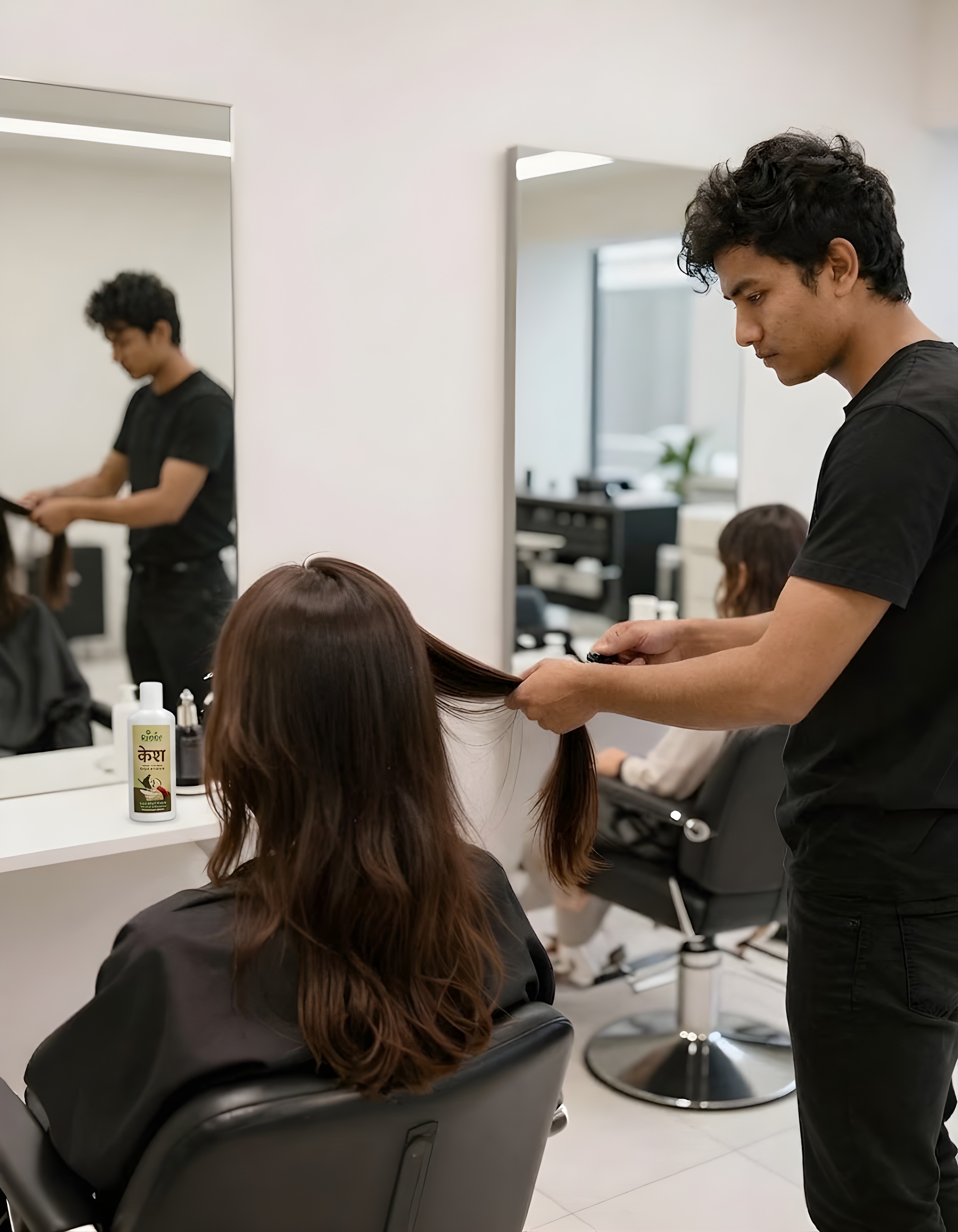 A stylist working on a client’s hair at the salon